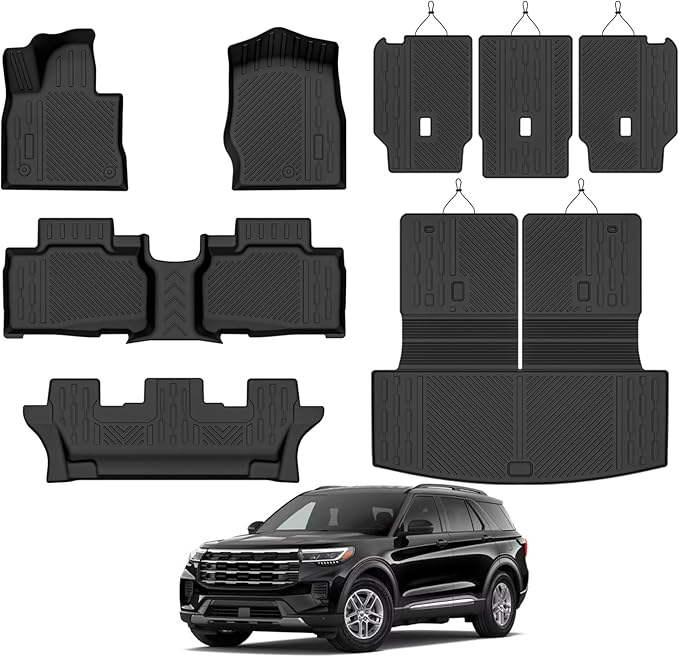 Custom Fit Floor Mats for Ford Explorer (7 Seats) 2020-2026, All Weather TPE Floor Liners with Trunk Mat & Backrest Protectors, Odorless Full Set Interior Accessories