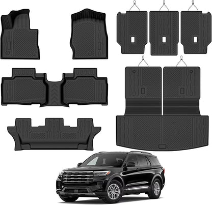 Custom Fit Floor Mats for Ford Explorer (7 Seats) 2020-2026, All Weather TPE Floor Liners with Trunk Mat & Backrest Protectors, Odorless Full Set Interior Accessories