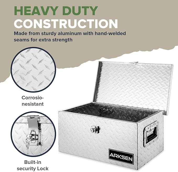 ARKSEN 20 x 12 x 10 Inch Diamond Plate Truck Bed Tool Box, Heavy Duty Waterproof Aluminum Storage Chest with Side Handle & Lock for Pickup Truck Bed, RV & Trailer, Silver