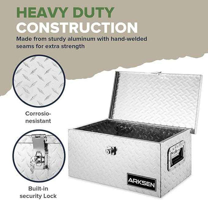 ARKSEN 20 x 12 x 10 Inch Diamond Plate Truck Bed Tool Box, Heavy Duty Waterproof Aluminum Storage Chest with Side Handle & Lock for Pickup Truck Bed, RV & Trailer, Silver