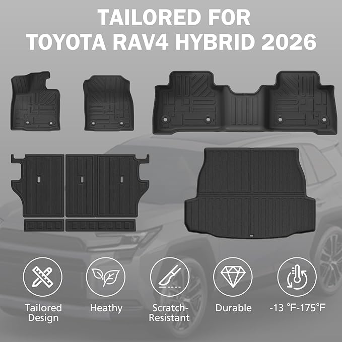 All Weather Floor Mats & Cargo Liner Set for Toyota RAV4 Hybrid 2026(Not for Limited with Subwoofer), TPE Custom Fit Floor Liners with Cargo Mat & Backrest Cover, Full Coverage Interior Protection