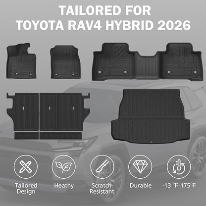All Weather Floor Mats & Cargo Liner Set for Toyota RAV4 Hybrid 2026(Not for Limited with Subwoofer), TPE Custom Fit Floor Liners with Cargo Mat & Backrest Cover, Full Coverage Interior Protection