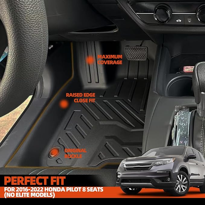 Custom Fit Floor Mats for 2016-2022 Honda Pilot 8 Seats 2nd-Row Bench Seat(No Elite Models), All Weather TPE Floor Liner & Trunk Mat & Backrest Protectors, Odorless Full Set Interior Accessories