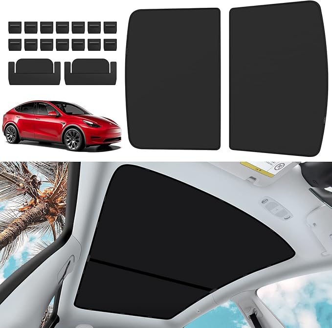 Non-Sag Roof Sunshades for Tesla Model Y 2025, Upgraded Foldable Sunroof Shade Sunshade Roof Sun Shade for Tesla Model Y Accessories 2021-2025 (Not fit 2025-2026 Juniper)
