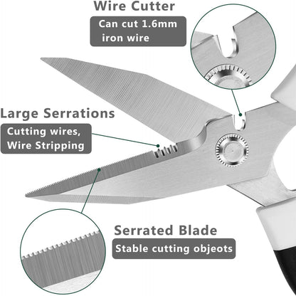Utility Scissors Heavy Duty: sharp Scissors All Purpose heavy duty, Easy Cutting Carpet, Cardboard, Wires, Leather, Fabric（8'' White）