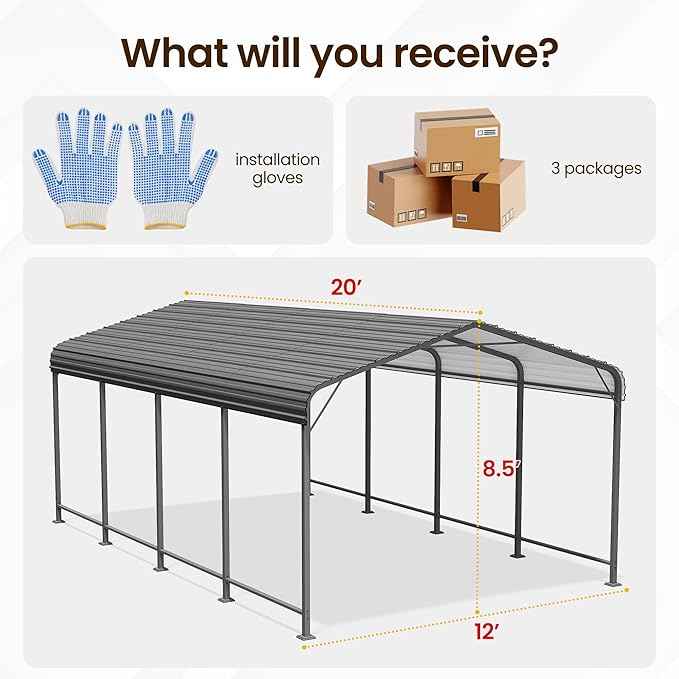12x20FT Metal Carport, 335LBS Heavy Duty Carport Canopy with Galvanized Steel Roof, 40% Thicker Frame Metal Garage with Reinforced Base, All-Weather Outdoor Storage Car Port for Car, Camping