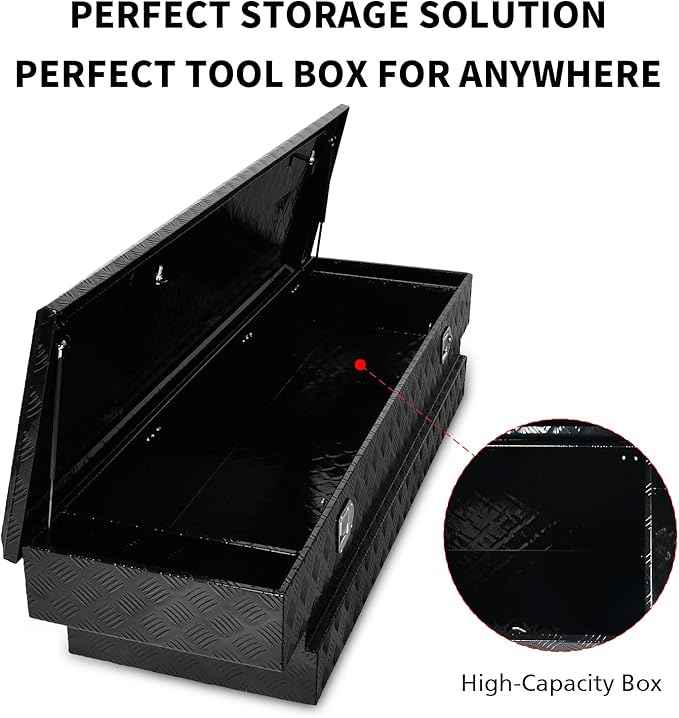 69 Inch Black Heavy Duty Aluminum Tool Box Wide Utility Trailer Stripes Plated 5 Bar Tread for Pick Up Truck Bed RV ATV Organizer Trailer Storage ToolBox w/Lock and Keys (69"X20"X14.75")