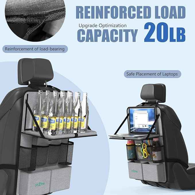 Car Backseat Organizer with Tablet Holder,11 Storage Pockets with Foldable Food Tray, Protector Kick Mats for Kids, Travel Accessories Organizer (Gray, 1Pack with Food Tray)