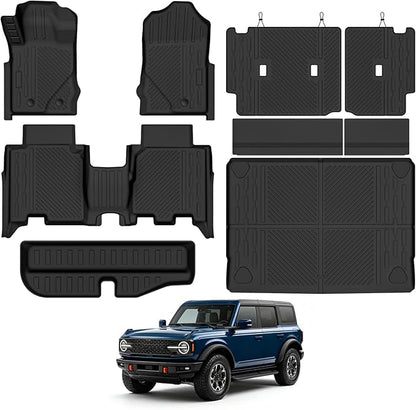 Custom Fit Floor Mats for Ford Bronco 4 Door 2021-2025 (Not for Sport), All Weather TPE Floor Liners & Trunk Mat & Trunk Lower Storage Mat & Backrest Protectors, Full Set Interior Accessories