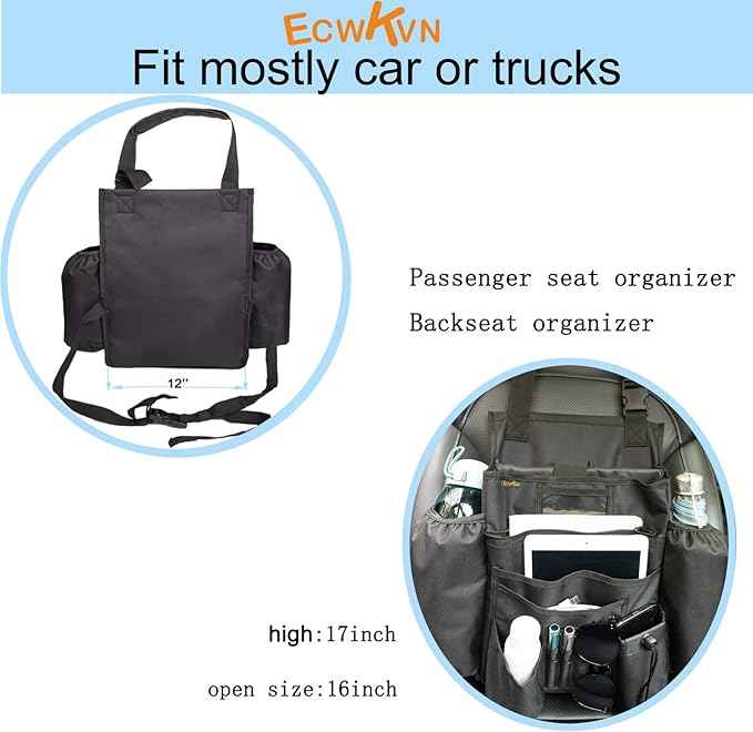 Car Front & Back Seat Organizer with Dedicated Tablet/Laptop Compartment, Passenger Seat File Storage with Cup Holder, Adjustable Backrest, and Padded Shoulder Strap