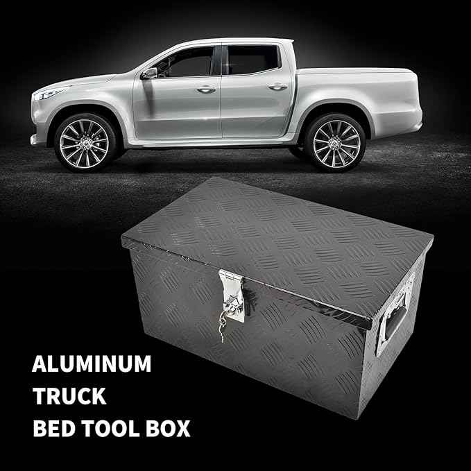 20 Inch Black Aluminum Tool Box 5 Bar Tread Flatbox for Truck Car Outdoor Trailer Pickup Underbody RV ATV Storage Tools Organizer with Lock Side Handle and Keys (20"X12"X9.5")