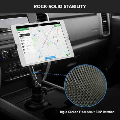 Mount-It! Carbon Fiber Cup Holder Tablet Mount Tablet Holder for Car Truck SUV, Adjustable 7–11 Inch iPad & Tablets, 18" Extension Arm, 360° Rotation, Fits 2.75"–3.5" Cupholders, ELD GPS Holder