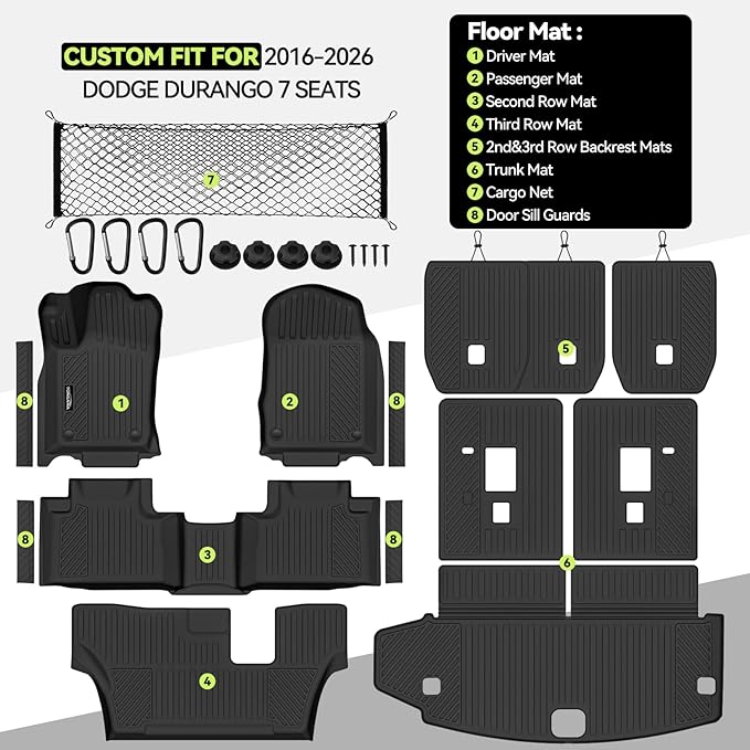 Tongama-Floor Mats for 2016-2026 Dodge Durango 7 Seat with Bench Seats, All Weather TPE Trunk Mat & 2nd/3rd Row Backrest Mats & Cargo Net & Door Sill Guards for Durango Floor Liner Accessories