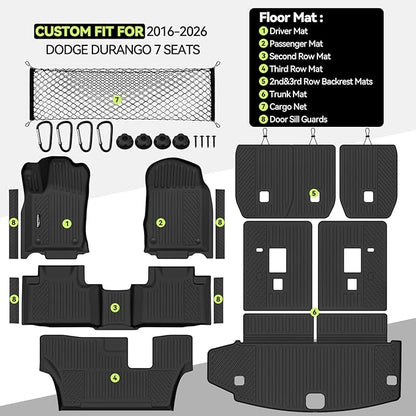 Tongama-Floor Mats for 2016-2026 Dodge Durango 7 Seat with Bench Seats, All Weather TPE Trunk Mat & 2nd/3rd Row Backrest Mats & Cargo Net & Door Sill Guards for Durango Floor Liner Accessories