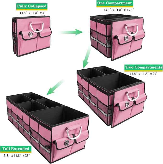 Big Car Trunk Organizer, Cargo Organizer SUV Trunk Storage Non Slip Bottom Waterproof Collapsible Durable Multi Compartments-(Oversize,Pink)