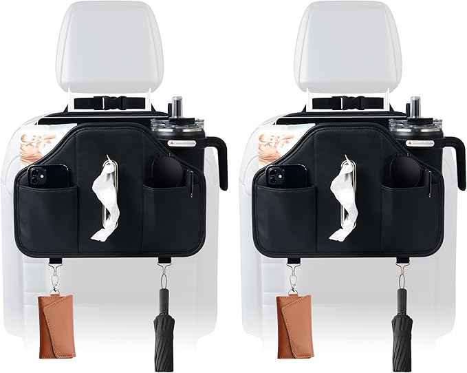 Upgraded Car Seat Back Organizer With Extra Large Tissue Holder Fits For Kleenex Tissue Box (50-230ct), PU Leather Headrest Seat Back Storage Accessories (Black-2 Packs)