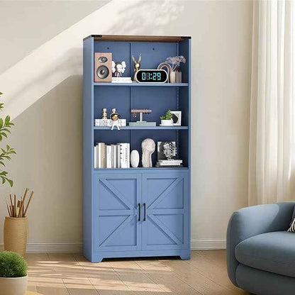 VINGLI Blue Bookcase with Doors and Adjustable Shelves, Steel 70" Tall Bookshelf Display Cabinet, 6-Tier Tall Farmhouse Metal Storage Cabinet for Study, Living Room, Home Office, Kitchen Pantry