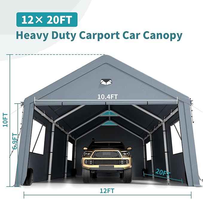 12x20FT Heavy Duty Carport Canopy,Extra Large Portable Car Tent Garage with Roll-up Windows and All-Season Tarp Cover,Removable Roof&Side Wall for Car,SUV,Boats