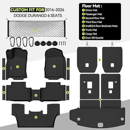 Tongama-Floor Mats for 2016-2026 Dodge Durango 6 Seat with Bucket Seats, All Weather TPE Trunk Mat & 2nd/3rd Row Backrest Mats & Cargo Net & Door Sill Guards for Durango Floor Liner Accessories