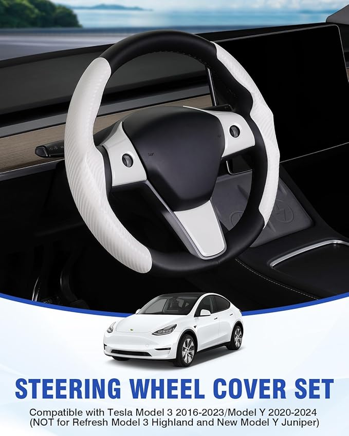 Steering Wheel Cover for 2016-2023 Telsa Model 3/2020-2024 Model Y Accessories Carbon Fiber Steering Wheel Cover Protector Anti-Slip, Comfortable, Breathable, Model 3/Y Accessories, White 5PCS
