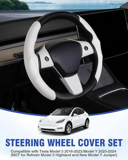 Steering Wheel Cover for 2016-2023 Telsa Model 3/2020-2024 Model Y Accessories Carbon Fiber Steering Wheel Cover Protector Anti-Slip, Comfortable, Breathable, Model 3/Y Accessories, White 5PCS