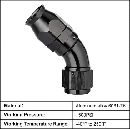 EVIL ENERGY 8AN 45 Degree PTFE One Piece Full Flow End Hose Fitting Aluminum Black