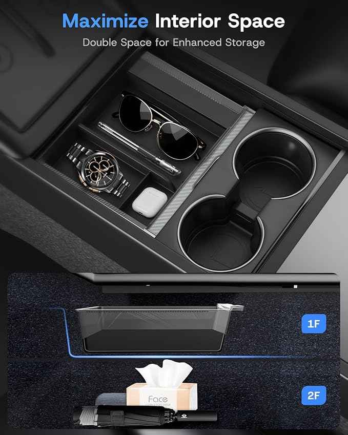 Center Console Organizer for Tesla Model Y Juniper Accessories 2026 2025 & Tesla Model 3 Highland Accessories [Durable PC + Silent Silicone Liner] Armrest Storage Tray Wireless Charging Pad Cup Holder