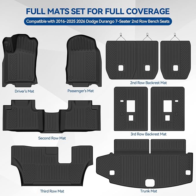 Custom Fit Floor Mats for 2016-2025 2026 Dodge Durango 7-Seater 2nd Row Bench Seats, All Weather TPE Floor Liners with Trunk Mat & Backrest Protectors, Odorless Full Set Interior Accessories