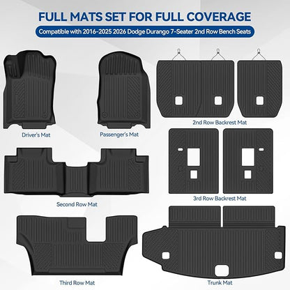 Custom Fit Floor Mats for 2016-2025 2026 Dodge Durango 7-Seater 2nd Row Bench Seats, All Weather TPE Floor Liners with Trunk Mat & Backrest Protectors, Odorless Full Set Interior Accessories
