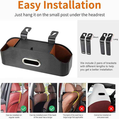 Car Rear Backseat Extra Multifunctional Drink Cup Holder Organizers with Tissue Storage Box Organizer & Hooks for Car Seat Back. imitation carbon fiber texture
