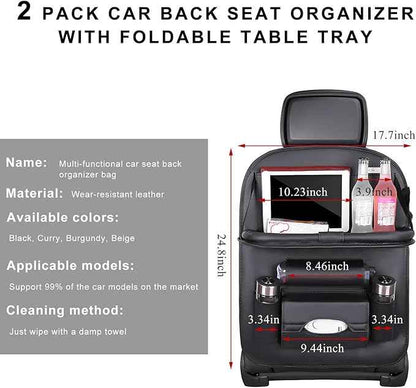 2PCS Car Backseat Organizer, Leather Multi-Pocket Seat Back Protector with Foldable Table Tray, Multifunctional Vehicle Storage Organizer Kick Mat for Kids Toddler Travel (Black)