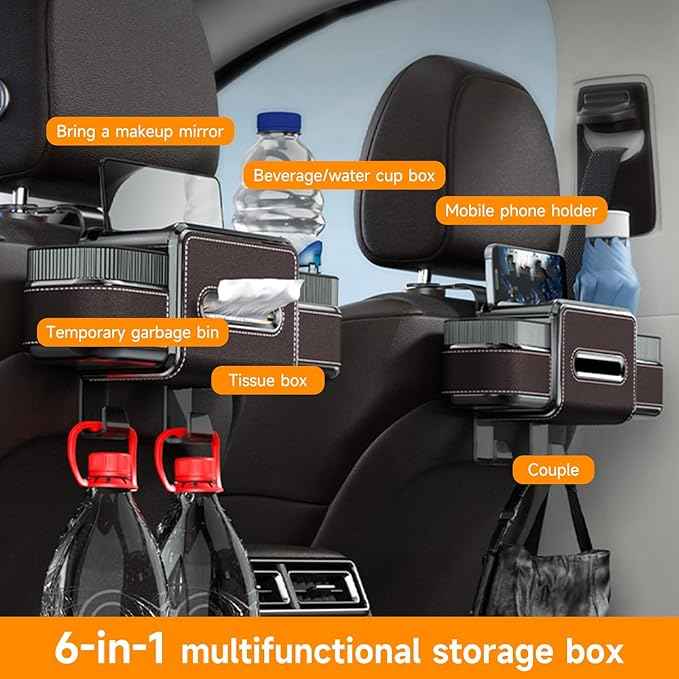 Multifunctional Car Headrest Backseat Organizer Box with Drink Cup Holder, Makeup Mirror, Tissue Box & Hooks for Car Seat Back, Upgrade Car Headrest Backseat Organizer Great for Kids and Travel(Brown)
