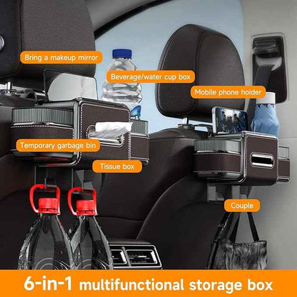 Multifunctional Car Headrest Backseat Organizer Box with Drink Cup Holder, Makeup Mirror, Tissue Box & Hooks for Car Seat Back, Upgrade Car Headrest Backseat Organizer Great for Kids and Travel(Brown)