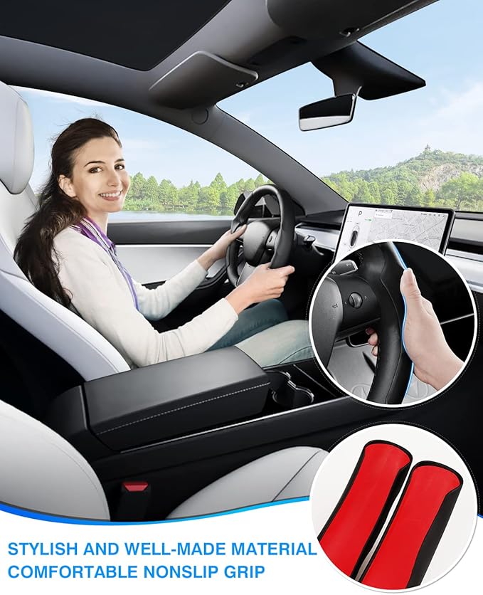 Steering Wheel Cover for 2016-2026 Telsa Model 3/Y Highland/Juniper Accessories Steering Wheel Cover Protector Anti-Slip, Comfortable Grip, Breathable, Model 3/Y Accessories, Black Leather