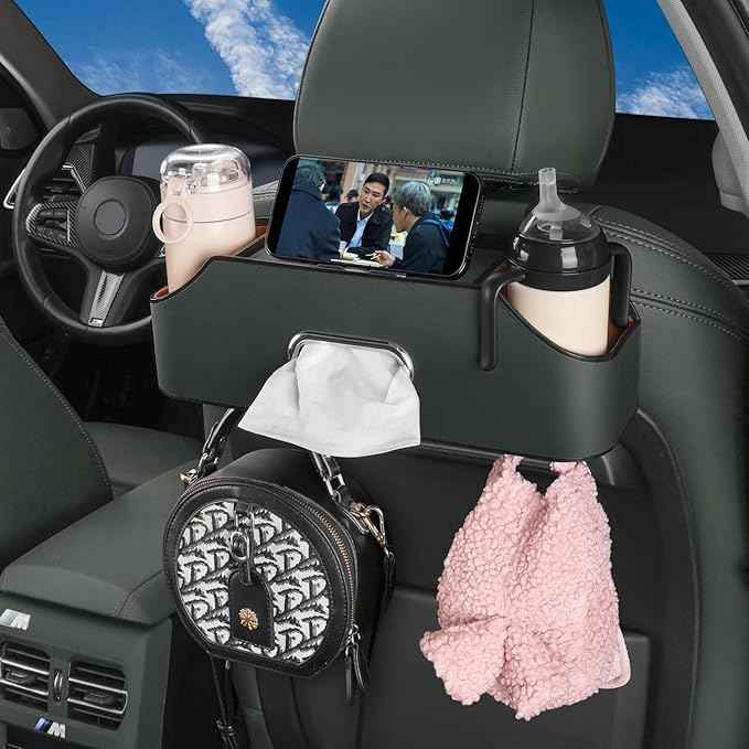 HOLDCY Car Back Seat Organizer with 2 Drink Cup Holder - Tissue Box and Storage Box Hook - Multi-functional Storage - Great for Kids and Travel (Green)