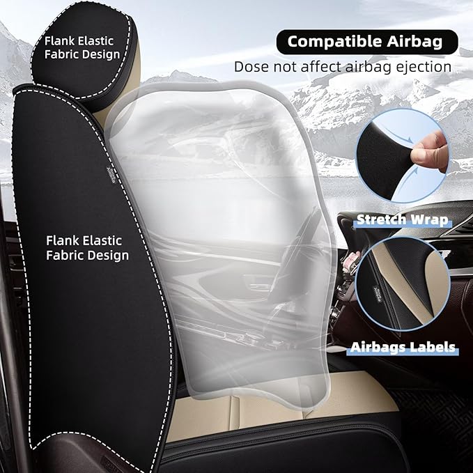 YORKNEIC Front Seat Covers for Buick Envision 2016-2025, Breathable and Waterproof Leather Car Seat Covers, Envision Automotive Seat Cushion Car Seat with Airbag Compatible(2 Front Seat,Black&Beige)