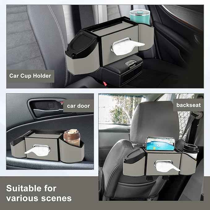 7-In-1 Car Seat Back Organizer with Cup Holders, Tissue Box, Garbage Can&Hooks, Multifunctional Headrest Storage Organizer, Headrest Cup Holder for Backseat, Car Accessories for Trips, Travels(Gray)