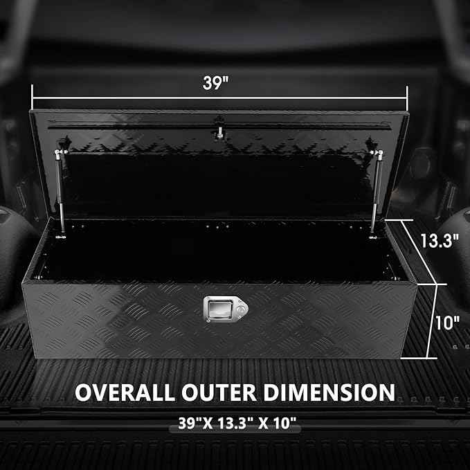 DNA MOTORING Aluminum Lockable Storage Box, Trailer Tongue & Truck Bed Tool Box w/Keys & Side Handle, Black Organizer w/Diamond Tread Pattern, 39"L x 13.3"W x 10"H, TBOX-T5-004-BK
