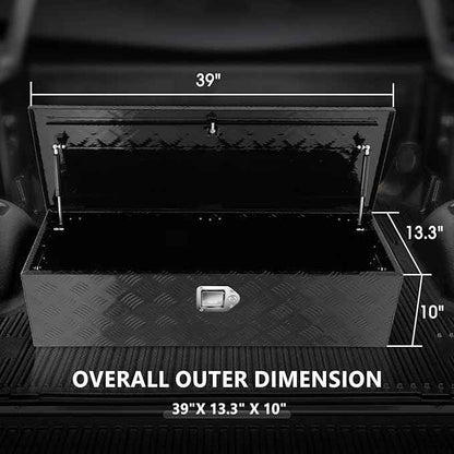 DNA MOTORING Aluminum Lockable Storage Box, Trailer Tongue & Truck Bed Tool Box w/Keys & Side Handle, Black Organizer w/Diamond Tread Pattern, 39"L x 13.3"W x 10"H, TBOX-T5-004-BK