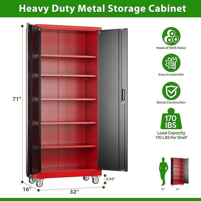 Aobabo Metal Garage Storage Cabinets with Wheels,Steel Cabinets with 5 Adjustable Shelves for Garage Home Office Storage, Red-Black,Assembly Required