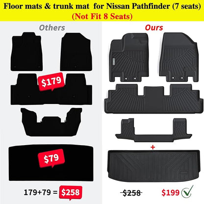 Floor Mats & Trunk Mat for Nissan Pathfinder 2022 2023 2024 2025 (Only fit 7 Passenger Models), 3 Rows Full Set with Cargo Liner,TPE All Weather Protection Car Floor Liners Accessory-Black