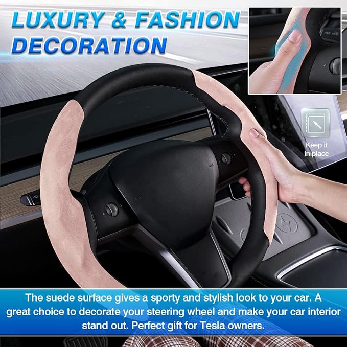 Shademax Custom-Fit for Tesla Steering Wheel Cover, Tesla Model Y / 3 2017-2025 2026 (Fit Model Y Juniper 2026/ Model 3 Highland) Suede Steering Wheel Cover for Tesla Model Y / 3 Accessories (Pink)