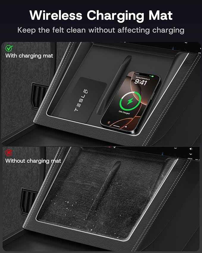 7PCS Center Console Organizer Tray for Tesla Model 3 Accessories 2024 2025 2026 [Premium PC + Silent Silicone Liner] Bottom Liners Armrest Privacy Hidden Storage Cup Holder Wireless Charging Pad