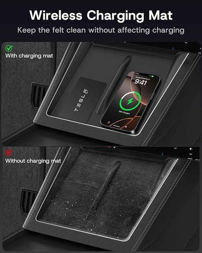 Center Console Organizer Tray for Tesla Model Y Juniper Accessories 2025 2026 [Premium PC + Silent Silicone Liner] Armrest Bottom Liners Wireless Charging Pad Cup Holder for Tesla Model Y Accessories