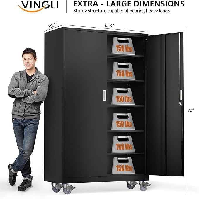 VINGLI Large Metal Storage Cabinet with 2 Doors and 5 Adjustable Shelves, Upgraded Height & Wide & Deep, 43''W x 20''D x 72''H, Oversized Garage Storage Cabinet with Wheels and Locks (Black)