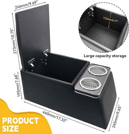 Universal Truck Seat Organizer, Black Storage Box with 2 Cup Holders, Armrest & Padded Lid for Car Organization - Fits SUV & Pickup
