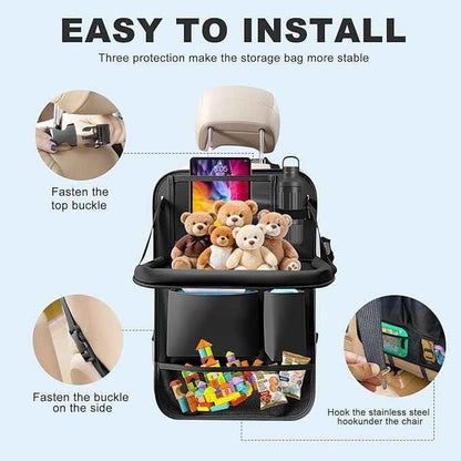 2Pack Car Backseat Organizer with Foldable Table Tray,6 Storage Pockets Car Storage Organizer with Tablet Holder,Car Seat Back Protectors Kick Mats Travel Accessories (Black)