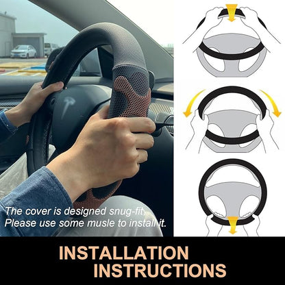 PINCTROT Comfy Grip Steering Wheel Cover for Tesla Model Y/3 2016-2025 2026 Standard/Highland/Juniper, D Shaped 14 Inch Small Sized, Flat Bottom with 3D Honeycomb Anti-Slip Design (Comfy Grip Brown)