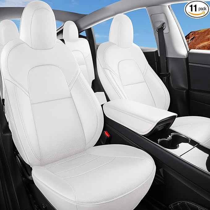 Tesla Model Y Car Seat Covers Nappa Leather Car Interior Seat Airbag Compatible Cushion Cover Full Set Custom Fit 2024 2023 2022 2021 2020, Nappa White