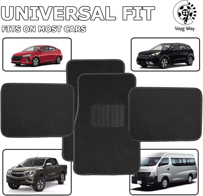 VaygWay Carpet Floor Mat for Car – Premium Quality 4 Piece Heavy Duty Set – Automotive Universal Fit Floor Mats for Cars, SUV, Truck w/Safety Heel Pad –Classic Black All Weather Rugs